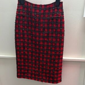 CHANEL Red, Black & Gray Plaid Pencil Skirt